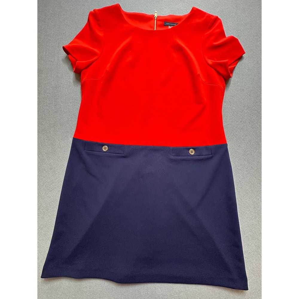 Tommy Hilfiger Womens Red Navy Colorblock Sheath Dress Gold Buttons Size 16 - 39
